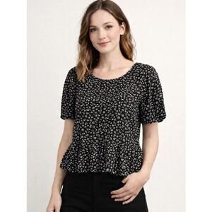 Paper Crane Black Floral Peplum Blouse XS Boho Cottagecore Top